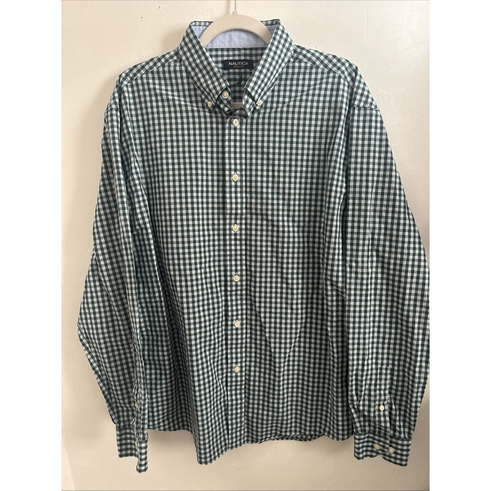 Nautica Mens Gingham Green White Long Sleeveโ Shirt 17.5 36.37 Cotton